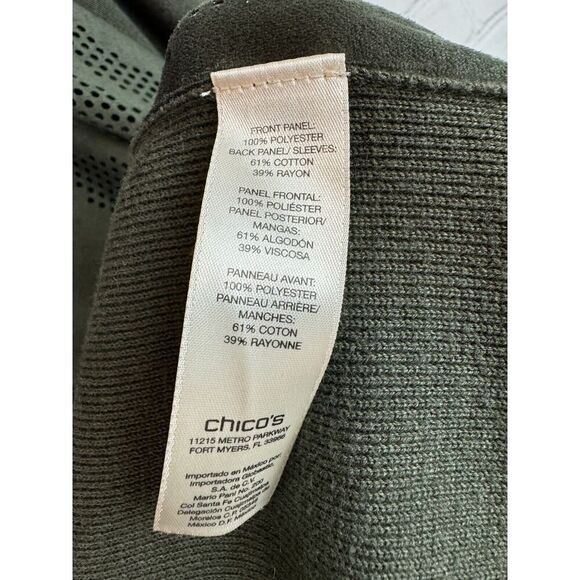 CHICO'S green khaki perforated faux suede knit open front cardigan sweater 3 XL - Picture 7 of 9